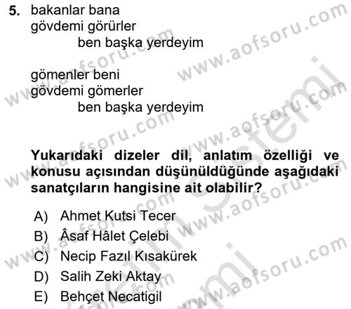 Cumhuriyet Dönemi Türk Şiiri Dersi 2021 - 2022 Yılı (Final) Dönem Sonu Sınav Soruları 5. Soru