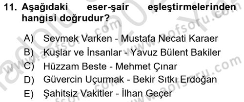 Cumhuriyet Dönemi Türk Şiiri Dersi 2021 - 2022 Yılı Yaz Okulu Sınav Soruları 11. Soru