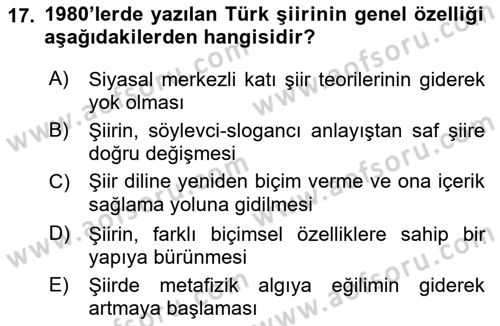 Cumhuriyet Dönemi Türk Şiiri Dersi 2021 - 2022 Yılı Yaz Okulu Sınav Soruları 17. Soru