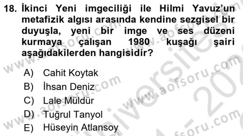 Cumhuriyet Dönemi Türk Şiiri Dersi 2021 - 2022 Yılı Yaz Okulu Sınav Soruları 18. Soru