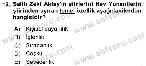 Cumhuriyet Dönemi Türk Şiiri Dersi 2021 - 2022 Yılı Yaz Okulu Sınav Soruları 19. Soru