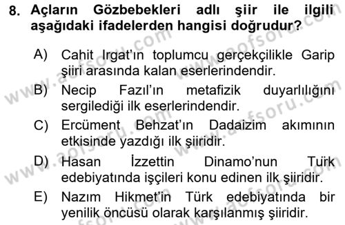 Cumhuriyet Dönemi Türk Şiiri Dersi 2021 - 2022 Yılı Yaz Okulu Sınav Soruları 8. Soru