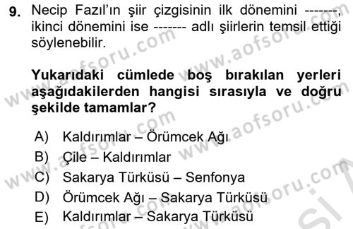 Cumhuriyet Dönemi Türk Şiiri Dersi 2021 - 2022 Yılı Yaz Okulu Sınav Soruları 9. Soru