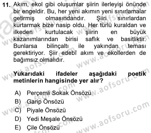 Cumhuriyet Dönemi Türk Şiiri Dersi 2022 - 2023 Yılı (Vize) Ara Sınav Soruları 11. Soru