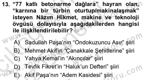 Cumhuriyet Dönemi Türk Şiiri Dersi 2022 - 2023 Yılı (Vize) Ara Sınav Soruları 13. Soru