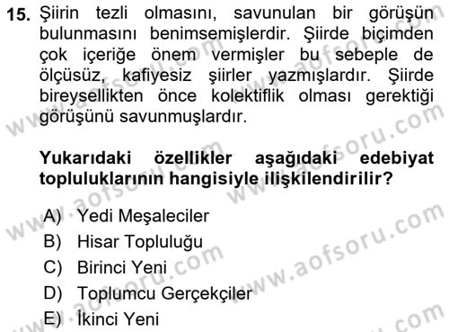 Cumhuriyet Dönemi Türk Şiiri Dersi 2022 - 2023 Yılı (Vize) Ara Sınav Soruları 15. Soru
