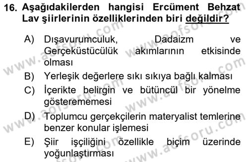 Cumhuriyet Dönemi Türk Şiiri Dersi 2022 - 2023 Yılı (Vize) Ara Sınav Soruları 16. Soru