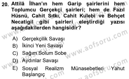 Cumhuriyet Dönemi Türk Şiiri Dersi 2022 - 2023 Yılı (Vize) Ara Sınav Soruları 20. Soru