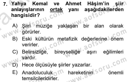 Cumhuriyet Dönemi Türk Şiiri Dersi Ara Sınavı Deneme Sınav Soruları 7. Soru