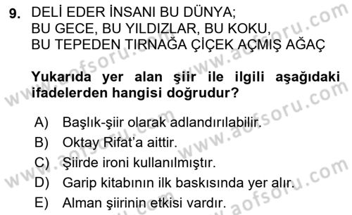 Cumhuriyet Dönemi Türk Şiiri Dersi 2022 - 2023 Yılı (Vize) Ara Sınav Soruları 9. Soru