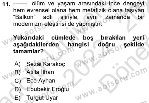 Cumhuriyet Dönemi Türk Şiiri Dersi 2022 - 2023 Yılı (Final) Dönem Sonu Sınav Soruları 11. Soru