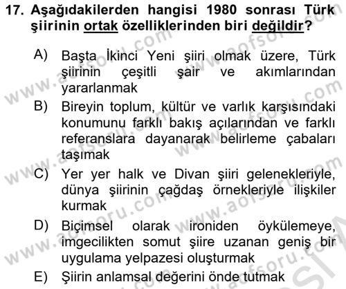 Cumhuriyet Dönemi Türk Şiiri Dersi 2022 - 2023 Yılı (Final) Dönem Sonu Sınav Soruları 17. Soru