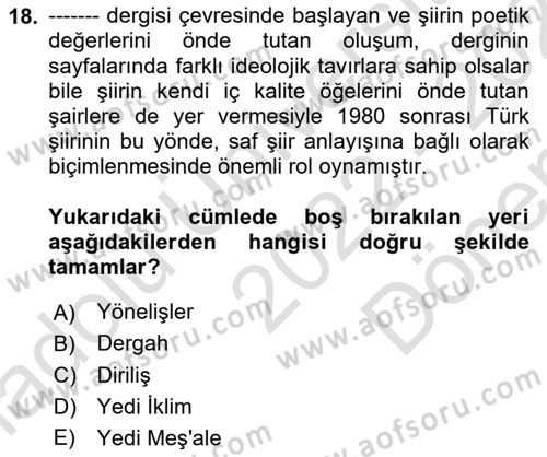 Cumhuriyet Dönemi Türk Şiiri Dersi 2022 - 2023 Yılı (Final) Dönem Sonu Sınav Soruları 18. Soru