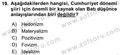 Cumhuriyet Dönemi Türk Şiiri Dersi 2022 - 2023 Yılı (Final) Dönem Sonu Sınav Soruları 19. Soru
