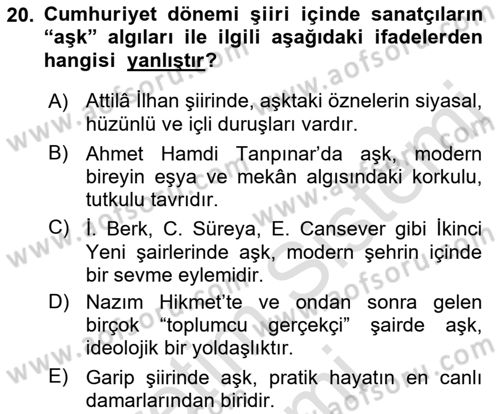 Cumhuriyet Dönemi Türk Şiiri Dersi 2022 - 2023 Yılı (Final) Dönem Sonu Sınav Soruları 20. Soru