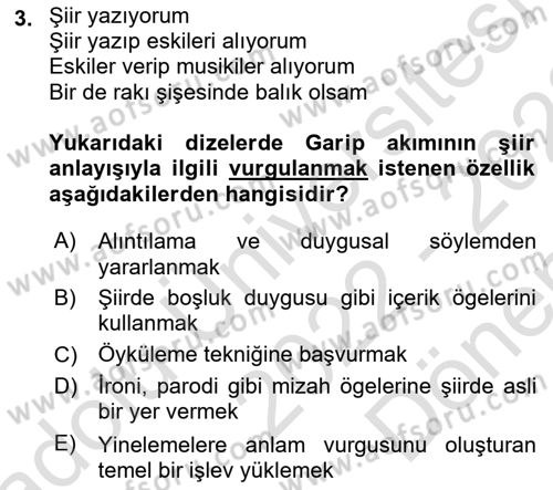 Cumhuriyet Dönemi Türk Şiiri Dersi 2022 - 2023 Yılı (Final) Dönem Sonu Sınav Soruları 3. Soru