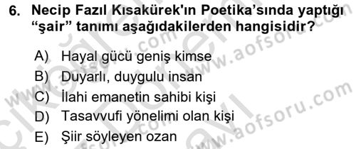 Cumhuriyet Dönemi Türk Şiiri Dersi 2022 - 2023 Yılı (Final) Dönem Sonu Sınav Soruları 6. Soru