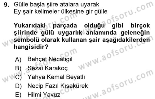 Cumhuriyet Dönemi Türk Şiiri Dersi 2022 - 2023 Yılı (Final) Dönem Sonu Sınav Soruları 9. Soru