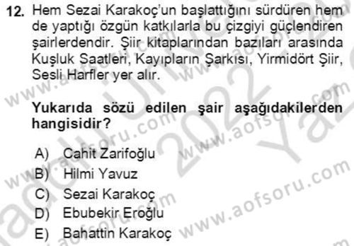 Cumhuriyet Dönemi Türk Şiiri Dersi 2022 - 2023 Yılı Yaz Okulu Sınav Soruları 12. Soru