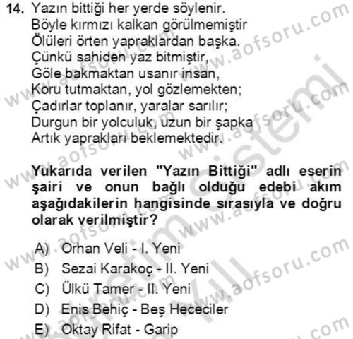 Cumhuriyet Dönemi Türk Şiiri Dersi 2022 - 2023 Yılı Yaz Okulu Sınav Soruları 14. Soru