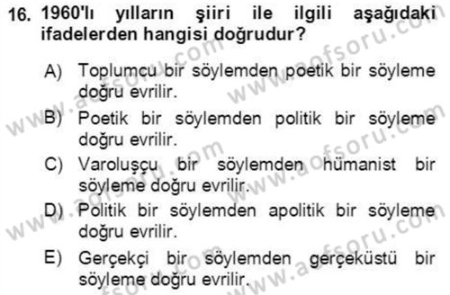Cumhuriyet Dönemi Türk Şiiri Dersi 2022 - 2023 Yılı Yaz Okulu Sınav Soruları 16. Soru