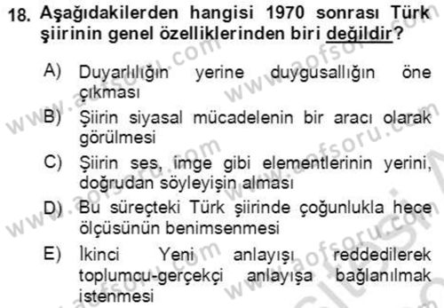 Cumhuriyet Dönemi Türk Şiiri Dersi 2022 - 2023 Yılı Yaz Okulu Sınav Soruları 18. Soru