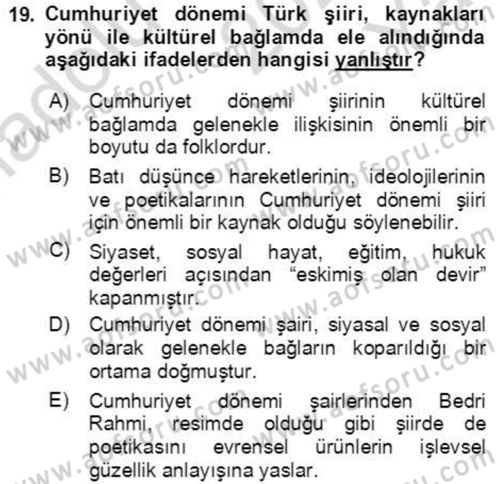Cumhuriyet Dönemi Türk Şiiri Dersi 2022 - 2023 Yılı Yaz Okulu Sınav Soruları 19. Soru