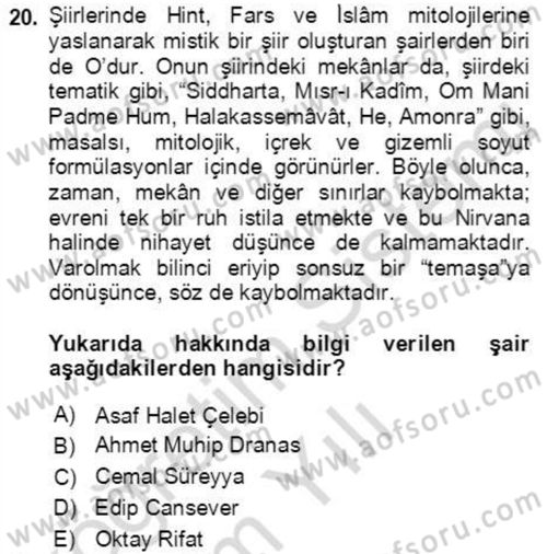 Cumhuriyet Dönemi Türk Şiiri Dersi 2022 - 2023 Yılı Yaz Okulu Sınav Soruları 20. Soru