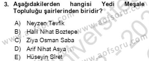 Cumhuriyet Dönemi Türk Şiiri Dersi 2022 - 2023 Yılı Yaz Okulu Sınav Soruları 3. Soru