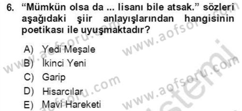 Cumhuriyet Dönemi Türk Şiiri Dersi 2022 - 2023 Yılı Yaz Okulu Sınav Soruları 6. Soru