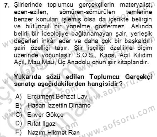 Cumhuriyet Dönemi Türk Şiiri Dersi 2022 - 2023 Yılı Yaz Okulu Sınav Soruları 7. Soru