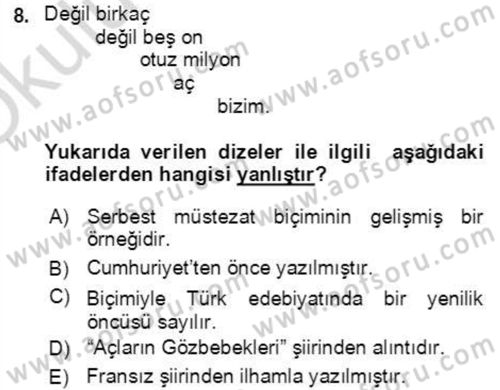 Cumhuriyet Dönemi Türk Şiiri Dersi 2022 - 2023 Yılı Yaz Okulu Sınav Soruları 8. Soru
