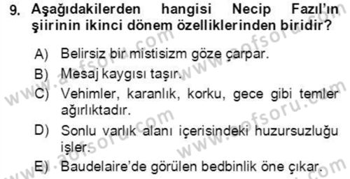 Cumhuriyet Dönemi Türk Şiiri Dersi 2022 - 2023 Yılı Yaz Okulu Sınav Soruları 9. Soru