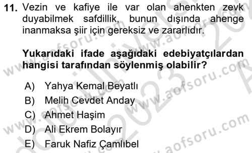 Cumhuriyet Dönemi Türk Şiiri Dersi 2023 - 2024 Yılı (Vize) Ara Sınav Soruları 11. Soru