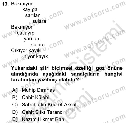 Cumhuriyet Dönemi Türk Şiiri Dersi 2023 - 2024 Yılı (Vize) Ara Sınav Soruları 13. Soru