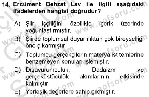Cumhuriyet Dönemi Türk Şiiri Dersi 2023 - 2024 Yılı (Vize) Ara Sınav Soruları 14. Soru