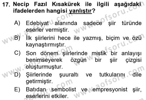 Cumhuriyet Dönemi Türk Şiiri Dersi 2023 - 2024 Yılı (Vize) Ara Sınav Soruları 17. Soru