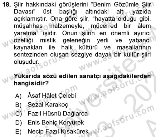 Cumhuriyet Dönemi Türk Şiiri Dersi Ara Sınavı Deneme Sınav Soruları 18. Soru