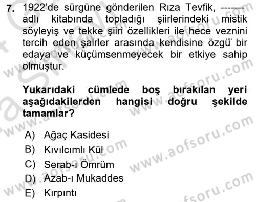Cumhuriyet Dönemi Türk Şiiri Dersi 2023 - 2024 Yılı (Vize) Ara Sınav Soruları 7. Soru
