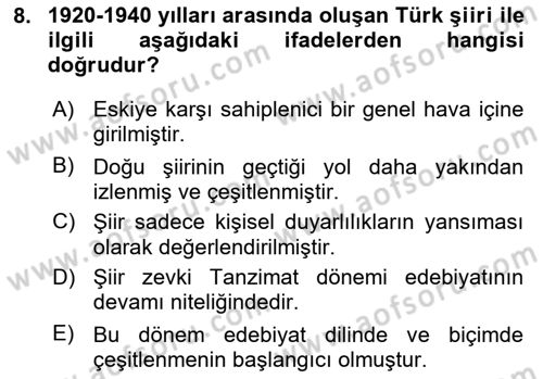 Cumhuriyet Dönemi Türk Şiiri Dersi 2023 - 2024 Yılı (Vize) Ara Sınav Soruları 8. Soru