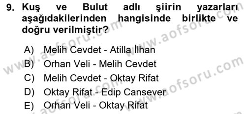 Cumhuriyet Dönemi Türk Şiiri Dersi 2023 - 2024 Yılı (Vize) Ara Sınav Soruları 9. Soru