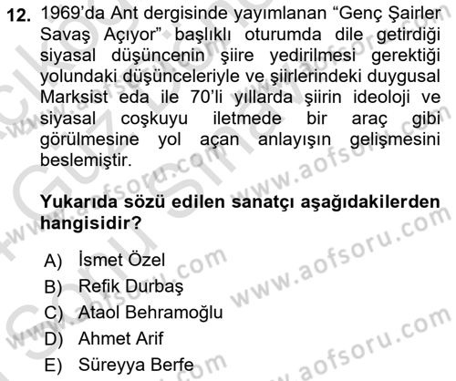 Cumhuriyet Dönemi Türk Şiiri Dersi 2023 - 2024 Yılı (Final) Dönem Sonu Sınav Soruları 12. Soru