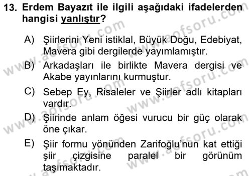Cumhuriyet Dönemi Türk Şiiri Dersi 2023 - 2024 Yılı (Final) Dönem Sonu Sınav Soruları 13. Soru