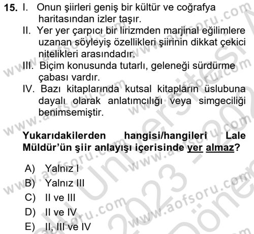 Cumhuriyet Dönemi Türk Şiiri Dersi 2023 - 2024 Yılı (Final) Dönem Sonu Sınav Soruları 15. Soru