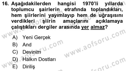 Cumhuriyet Dönemi Türk Şiiri Dersi 2023 - 2024 Yılı (Final) Dönem Sonu Sınav Soruları 16. Soru