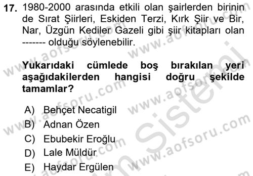 Cumhuriyet Dönemi Türk Şiiri Dersi 2023 - 2024 Yılı (Final) Dönem Sonu Sınav Soruları 17. Soru