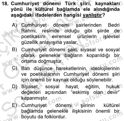 Cumhuriyet Dönemi Türk Şiiri Dersi 2023 - 2024 Yılı (Final) Dönem Sonu Sınav Soruları 18. Soru