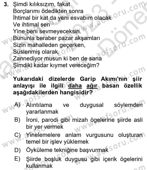 Cumhuriyet Dönemi Türk Şiiri Dersi 2023 - 2024 Yılı (Final) Dönem Sonu Sınav Soruları 3. Soru