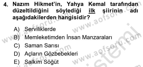 Cumhuriyet Dönemi Türk Şiiri Dersi 2023 - 2024 Yılı (Final) Dönem Sonu Sınav Soruları 4. Soru
