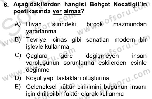 Cumhuriyet Dönemi Türk Şiiri Dersi 2023 - 2024 Yılı (Final) Dönem Sonu Sınav Soruları 6. Soru